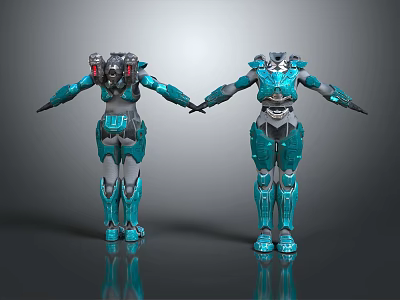 Two Futuristic Mechanical Characters In Blue Gray Detailed Armor Holding Hands 3d model