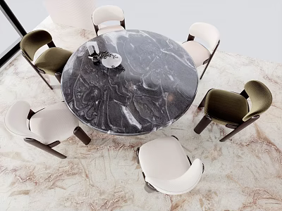 Elegant Round Marble Dining Table Set With Six Velvet White And Dark Chairs 3d model
