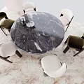 Elegant Round Marble Dining Table Set With Six Velvet White And Dark Chairs
