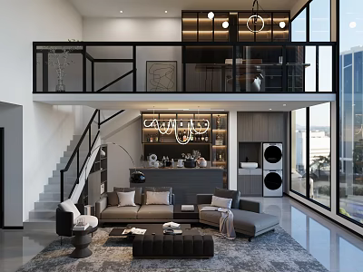 Modern Loft Living Room With Spacious Layout And Large Windows 3d model