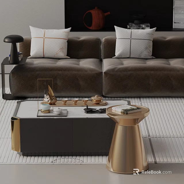 Modern Brown Sofa and Coffee Table Set with White Decorative Pillows Gold Legs Grey Tabletop 3d model 