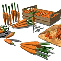 Fresh Carrots With Leafy Tops In Wooden Crate On Board Sliced And In Colander