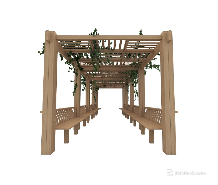 Wooden Garden Pergola With Climbing Vines And Side Benches For Outdoor Relaxation 3d model 