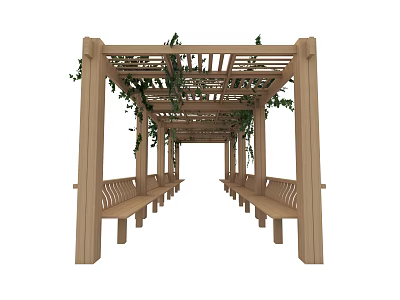 Wooden Garden Pergola With Climbing Vines And Side Benches For Outdoor Relaxation 3d model