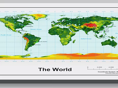 Colorful World Map Wall Decor With Green Yellow Red Regions And Data Scales 3d model