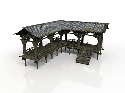 Traditional Chinese Wooden Pavilion With Flying Eaves Tile Roof Stone Steps And Railings 3d model