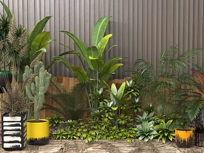 Potted Bonsai Plants with Cactus Palm Banana Leaves in Yellow Striped Pots Against Textured Wall 3d model