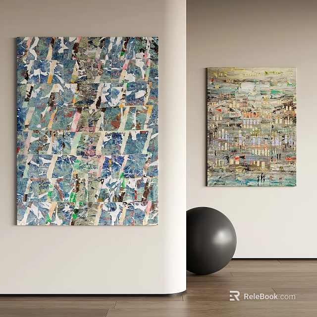 Abstract Paintings On White Wall In Modern Room With Black Sphere And Wooden Floor 3d model 