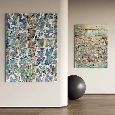 Abstract Paintings On White Wall In Modern Room With Black Sphere And Wooden Floor 3d model