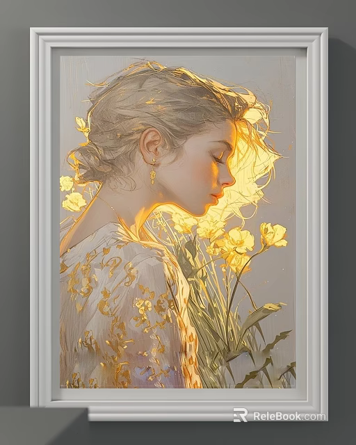 Elegant Woman Portrait With Yellow Flowers And Floral Dress In Soft Light 3d model 