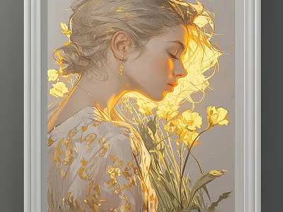 Elegant Woman Portrait With Yellow Flowers And Floral Dress In Soft Light 3d model
