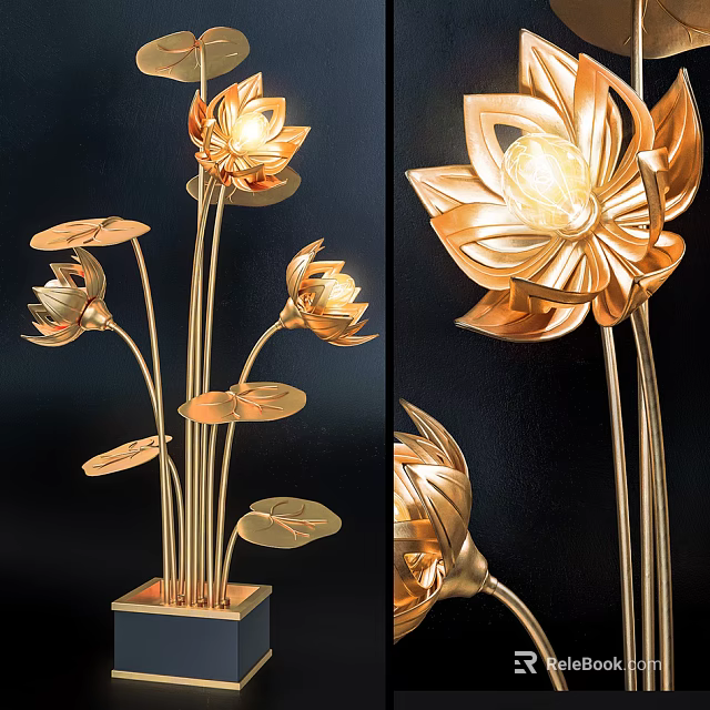 Golden Lotus Design Table Lamp With Illuminated Petals And Metallic Leaves 3d model 