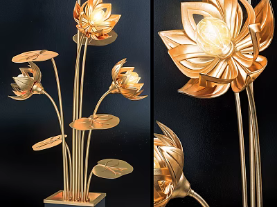 Golden Lotus Design Table Lamp With Illuminated Petals And Metallic Leaves 3d model