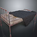 Vintage Rusted Metal Bed Frame With Worn Mattress And Plaid Blanket