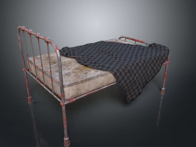 Vintage Rusted Metal Bed Frame With Worn Mattress And Plaid Blanket 3d model