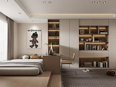 Modern Bedroom Interior With Bed Desk Chair Decorative Painting And Bookshelves 3d model