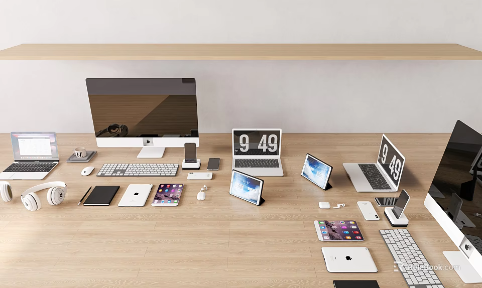 Various Computer Devices On Wooden Desk Including Desktop Monitor Laptop Tablet And Accessories 3d model 