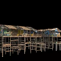 Rustic Stilt Houses With Worn Out Wooden Roofs Blue Awnings And Colorful Elements