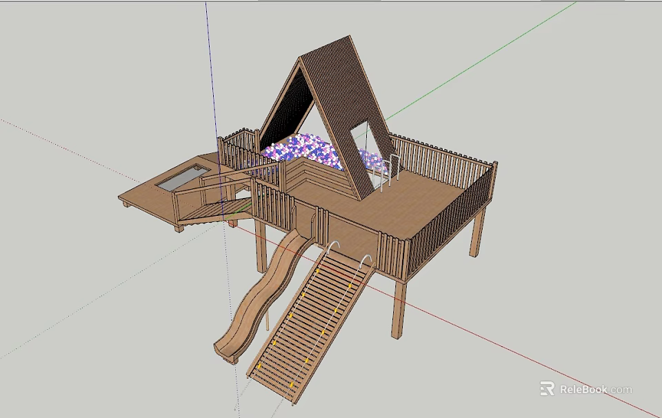 Wooden Play Equipment Structure with Triangular Roof Slide Step Ramp Railings and Purple Cushions 3d model 