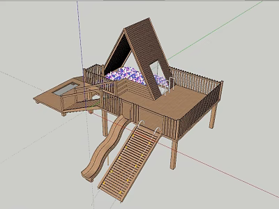 Wooden Play Equipment Structure with Triangular Roof Slide Step Ramp Railings and Purple Cushions 3d model