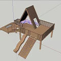 Wooden Play Equipment Structure with Triangular Roof Slide Step Ramp Railings and Purple Cushions