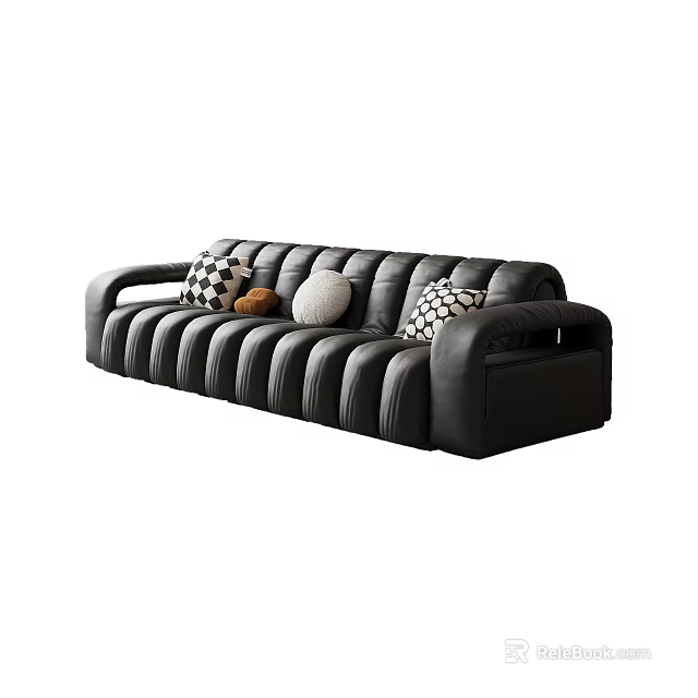 Elegant Modern Black Leather Sectional Sofa With Patterned And Round Decorative Pillows 3d model 