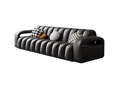 Elegant Modern Black Leather Sectional Sofa With Patterned And Round Decorative Pillows 3d model
