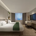 Modern Minimalist Hotel Room Featuring Twin Beds Green Runners Desk TV Artwork And Wooden Accents