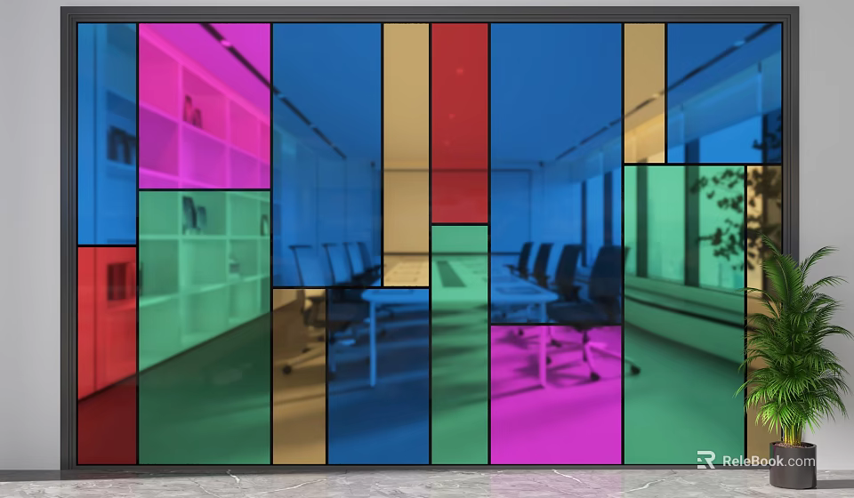 Multicolored Glass Partition Design For Modern Office Separating Meeting And Work Areas 3d model 