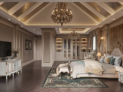 Luxurious Classic Bedroom Interior With Ornate Ceiling Chandelier Wooden Walls Large Bed And Decorative Rug 3d model