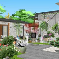 Serene Garden Courtyard With Stone Wall Vines Potted Plants And Pathway