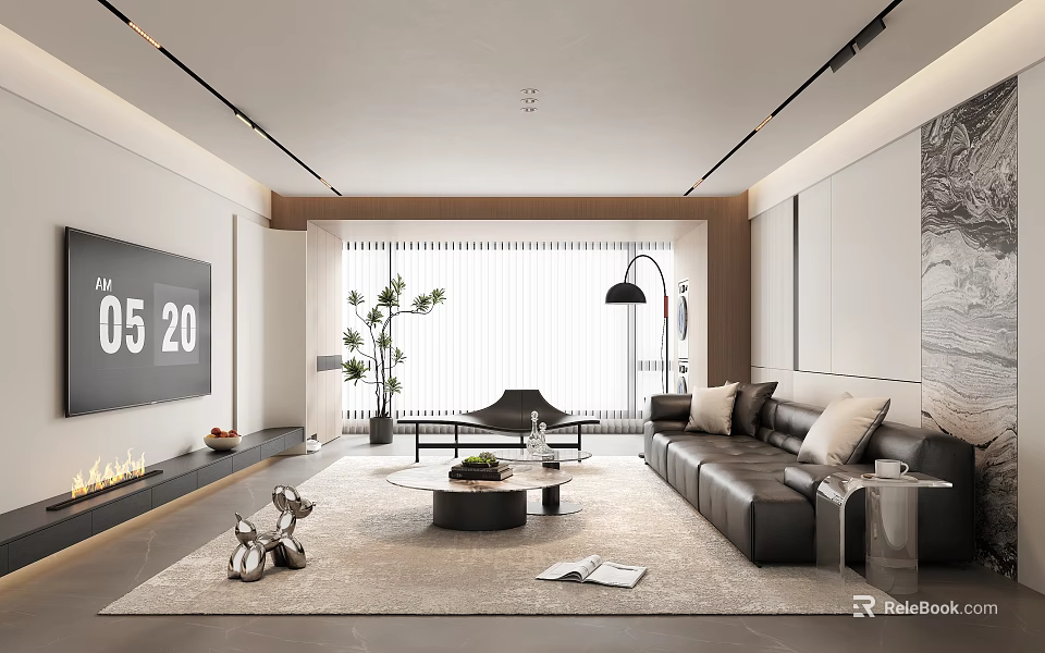 Modern Living Room Interior Design With Black Sofa Floor Lamp Coffee Table And Green Plant 3d model 
