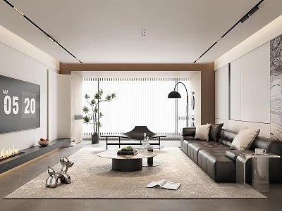 Modern Living Room Interior Design With Black Sofa Floor Lamp Coffee Table And Green Plant 3d model