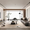 Modern Living Room Interior Design With Black Sofa Floor Lamp Coffee Table And Green Plant