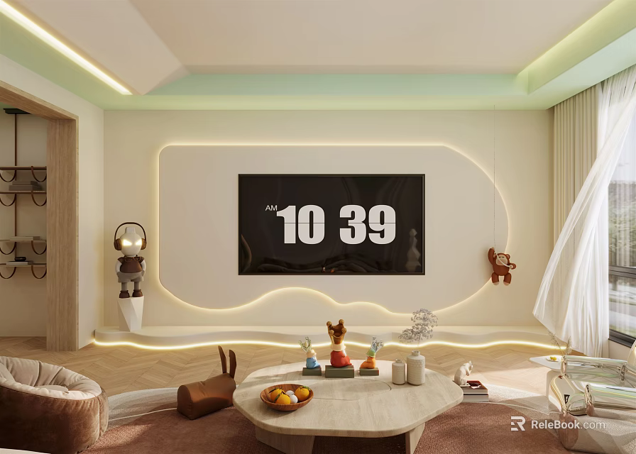 Modern Living Room Interior Design With Curved TV Wall Lights Marble Coffee Table And Decorations 3d model 