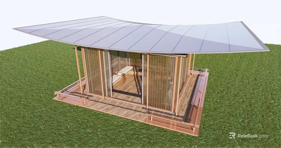Modern Outdoor Wooden Structure With Curved Roof Transparent Walls And Wooden Deck 3d model 