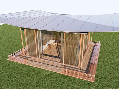 Modern Outdoor Wooden Structure With Curved Roof Transparent Walls And Wooden Deck 3d model