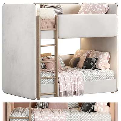 Modern Kids Bunk Bed With Wooden Ladder Soft Pillows And Cozy Blanket 3d model