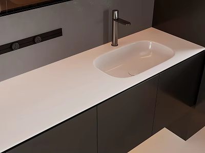 Modern Bathroom Interior With White Countertop Washbasin Silver Faucet And Dark Cabinets 3d model