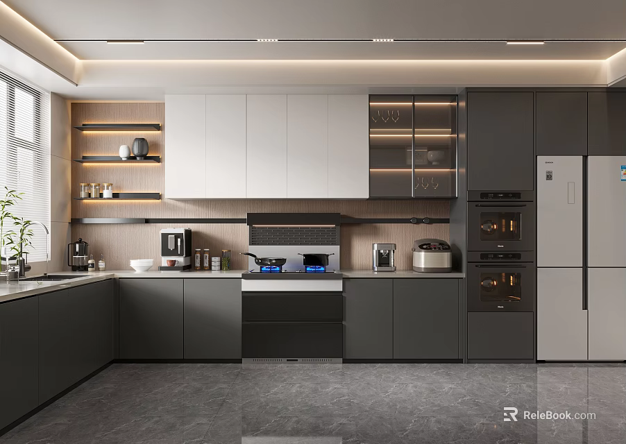 Modern Kitchen Interior Design With Gray White Cabinets And Stainless Steel Appliances 3d model 