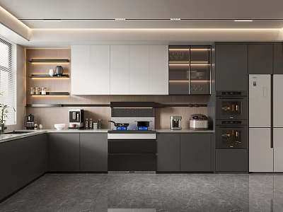Modern Kitchen Interior Design With Gray White Cabinets And Stainless Steel Appliances 3d model