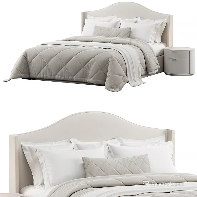 Double Bed With Simple Headboard Light Gray Quilted Bedding White Pillows And Decorative Cushion 3d model