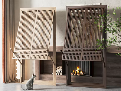 Interior With Light And Dark Wooden Screens Fireplace Firewood Cat And Green Plants 3d model