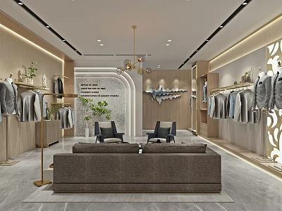 Modern Clothing Store Interior Design With Open Layout Sofa Chairs And Clothing Racks 3d model
