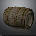 Vintage Wooden Barrel With Rustic Metal Hoops Weathered Wood Grain And Green Moss Accents
