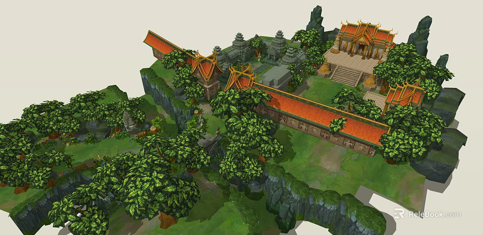 Ancient Architecture With Red Roofs Stone Steps And Lush Trees On Rocky Hills 3d model 