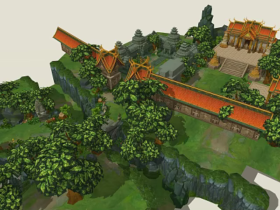 Ancient Architecture With Red Roofs Stone Steps And Lush Trees On Rocky Hills 3d model