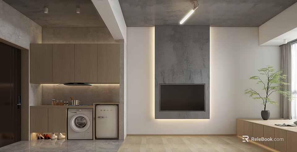 Modern Industrial Apartment With Laundry Area And Concrete TV Wall 3d model 