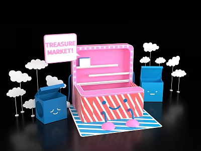 TREASURE MARKET Photo Spot Pink White Striped Display Cabinet Blue Smiling Boxes White Cloud Decorations 3d model