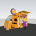 Yellow Street Food Cart with Purple Gear Logo Awning and Vendor in Purple Apron